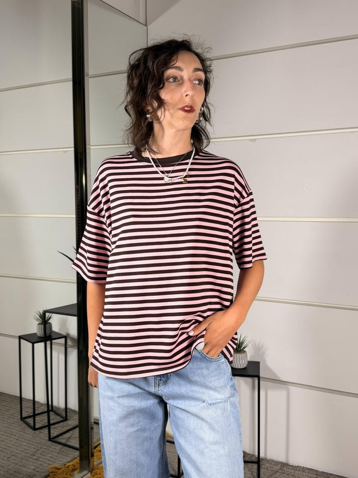 t-shirt a righe girocollo manica corta rosa e marrone 10060ROSA/MARRONE SPICY CAFE