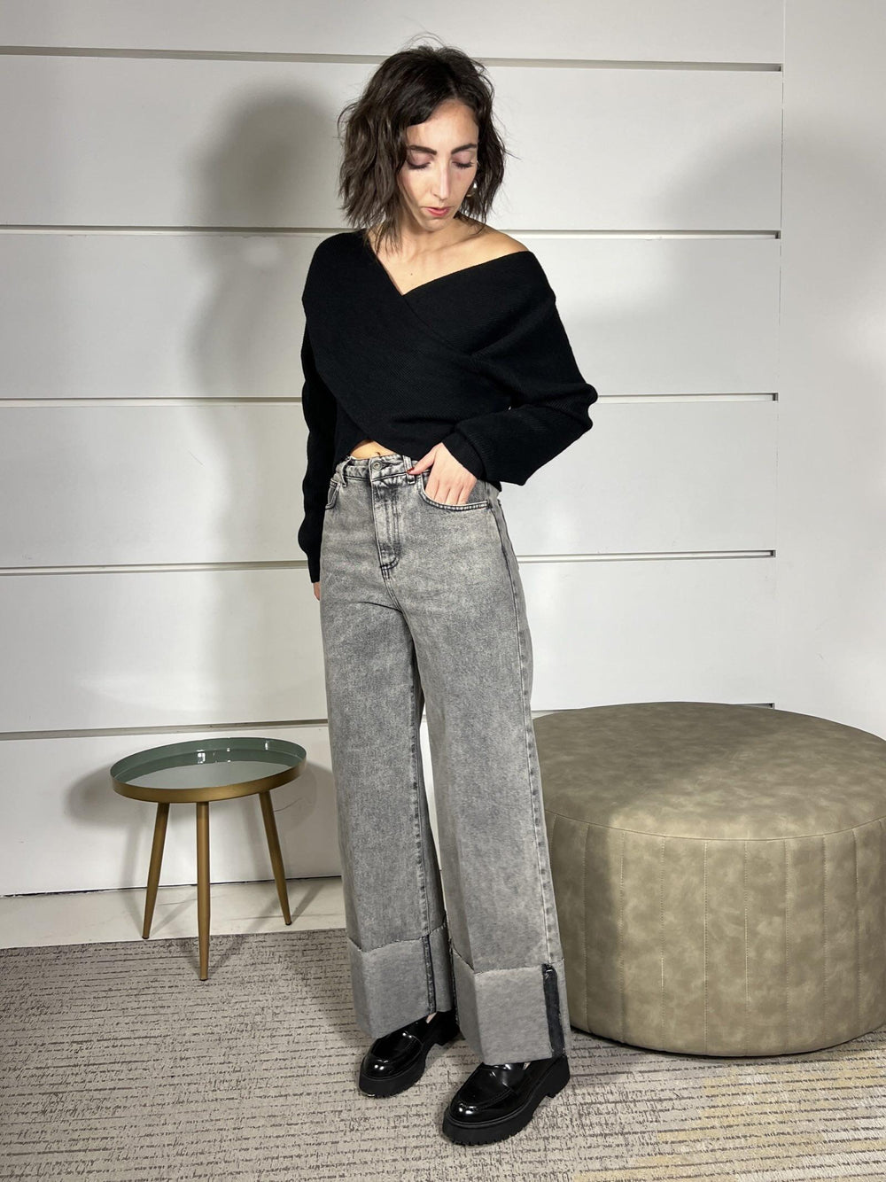 jeans a palazzo con risvolto grigio ELLANERO SUSY MIX