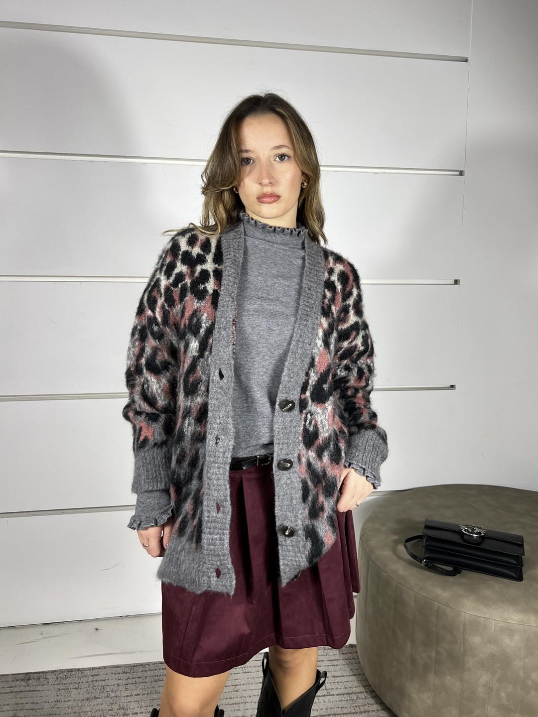 cardigan maculato scollo a v grigio e rosa D80995ROSA TENSIONE IN