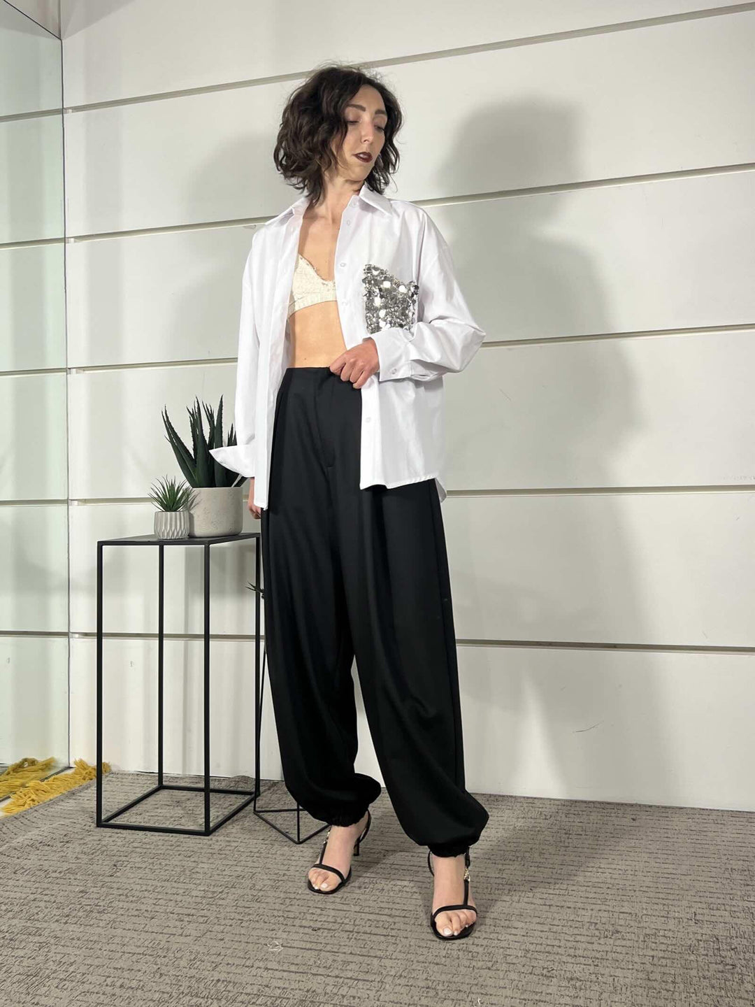 camicia bianca in cotone con tasca con paillettesargento PE260048-UBIANCO TENSIONE IN