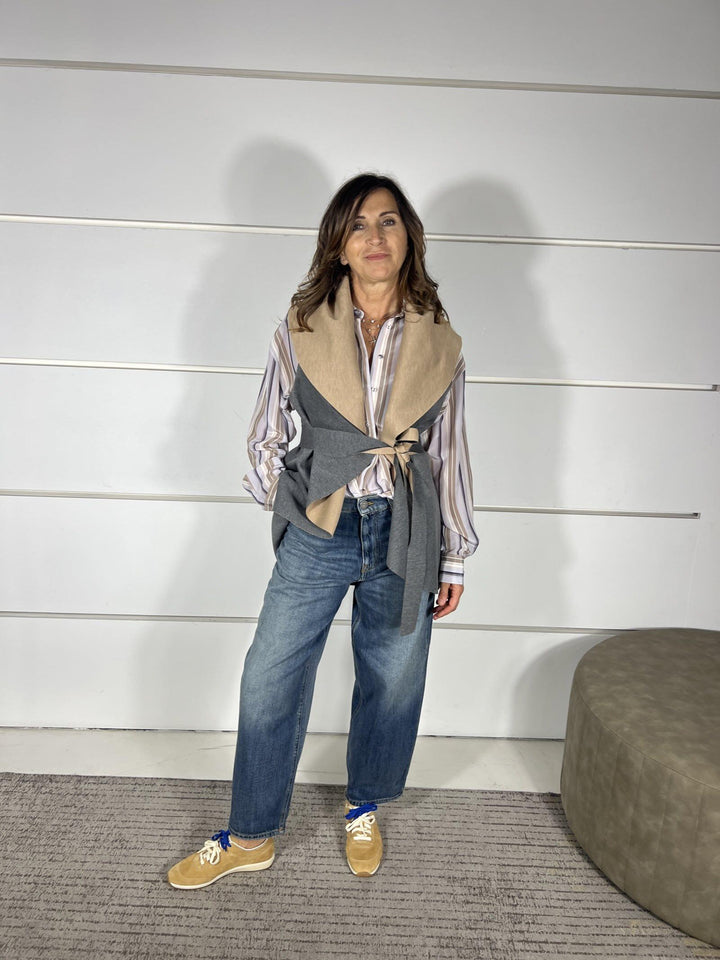 Gilet grigio e beige medio lungo in scuba double con cintura in vita. LENE2421 CARLA G