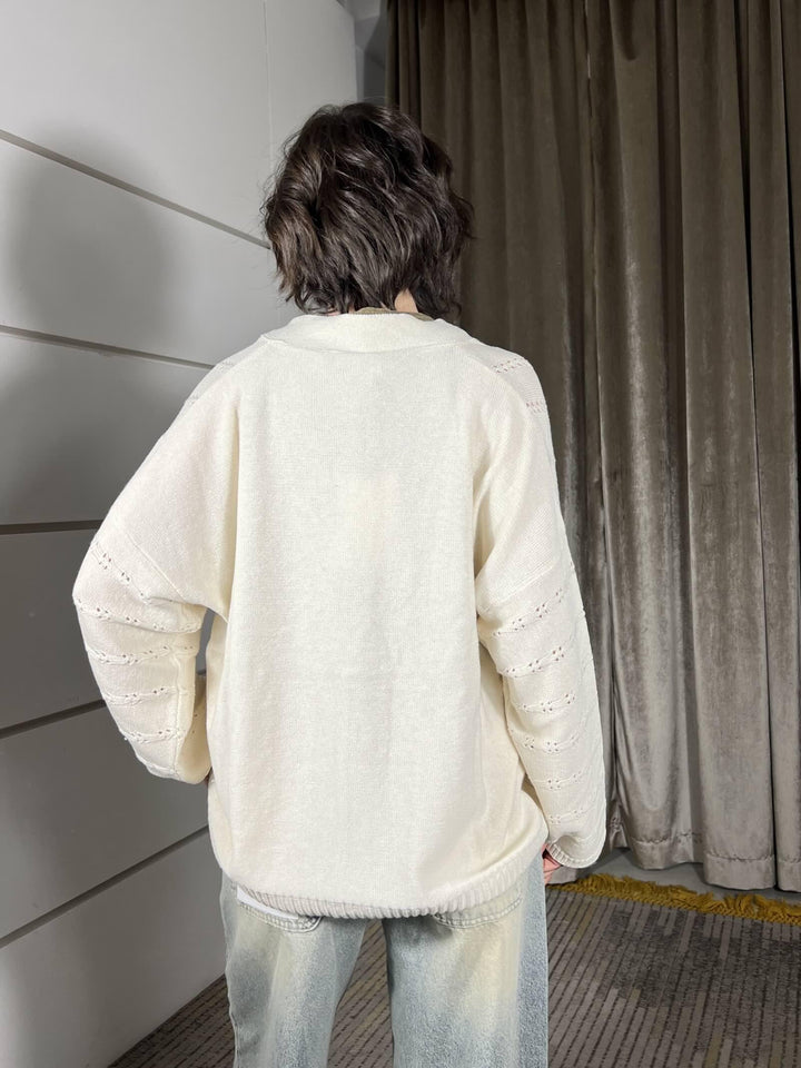 cardigan con frange scollo a v in cotone burro MEV-Q016BURRO HAVE ONE