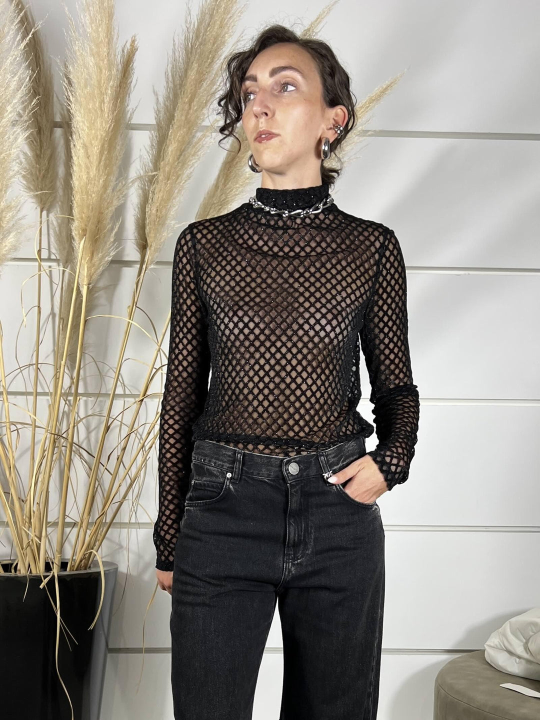 MAGLIA A LUPETTO BLACK NET LUREX CON TRASPARENZE 8M1744A638K469 PATRIZIA PEPE PREVIEW