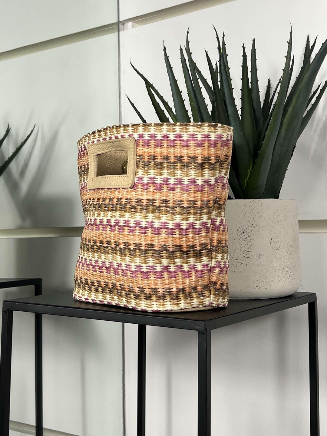 borsa in rafia a mano con inserti in pelle cammello RF-BO0188CAMEL FEMME CAFE SELECTION
