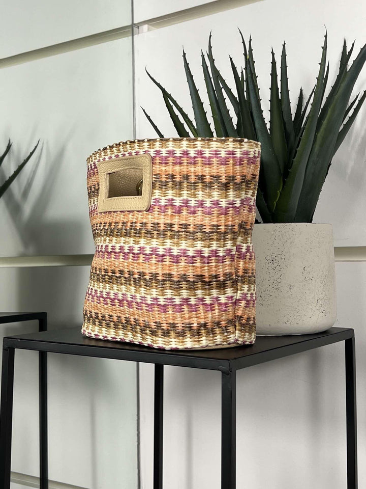 borsa in rafia a mano con inserti in pelle cammello RF-BO0188CAMEL FEMME CAFE SELECTION