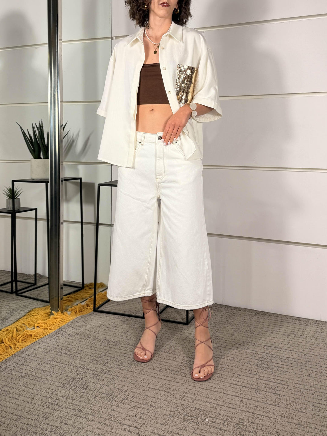 camicia bianca con tasca con paillettes oro 26C5144ORO/BIANCO TENSIONE IN