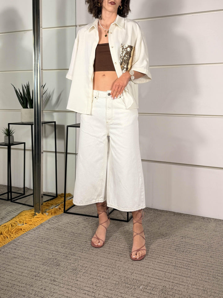 camicia bianca con tasca con paillettes oro 26C5144ORO/BIANCO TENSIONE IN