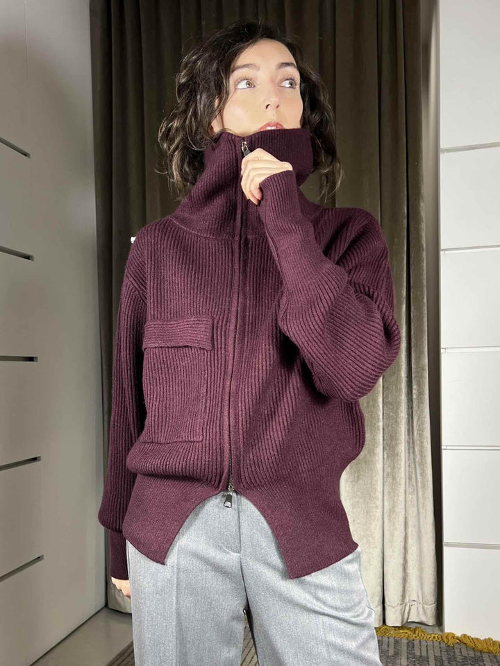 maglione con zip e tasca a patta bordeaux 251871BORDEAUX SUSY MIX