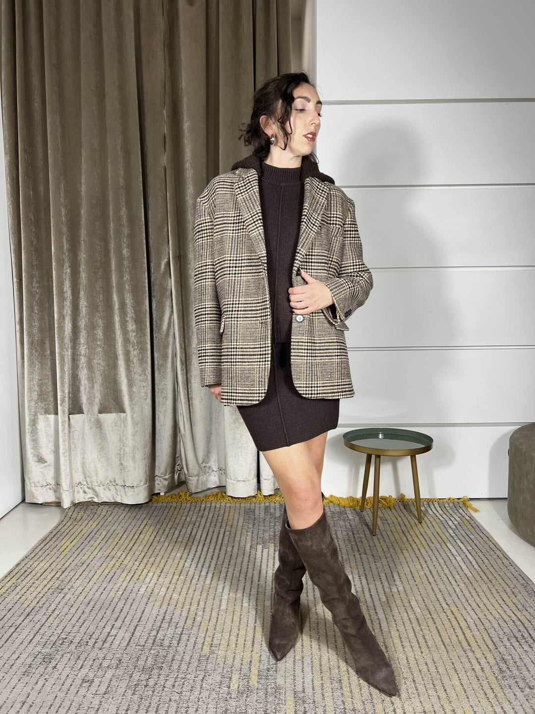 giacca cappotto pied de poule con cappuccio in maglia staccabile TF2084MORO/BURRO/BRUCIATO VICOLO