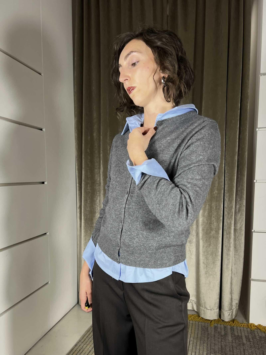 cardigan girocollo con bottoncini in misto lana e cashmere antracite D82083ANTRACITE TENSIONE IN