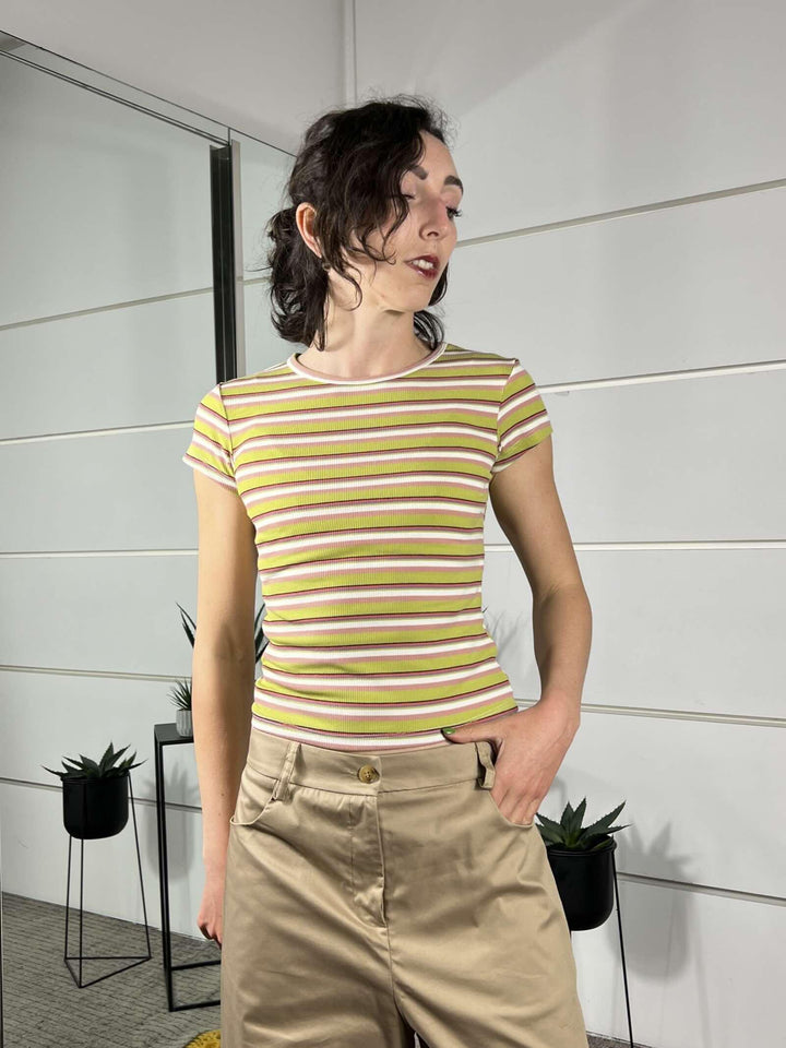 t-shirt a girocollo manica corta a righe colorate verde 12487GREEN FEMME SELECTION