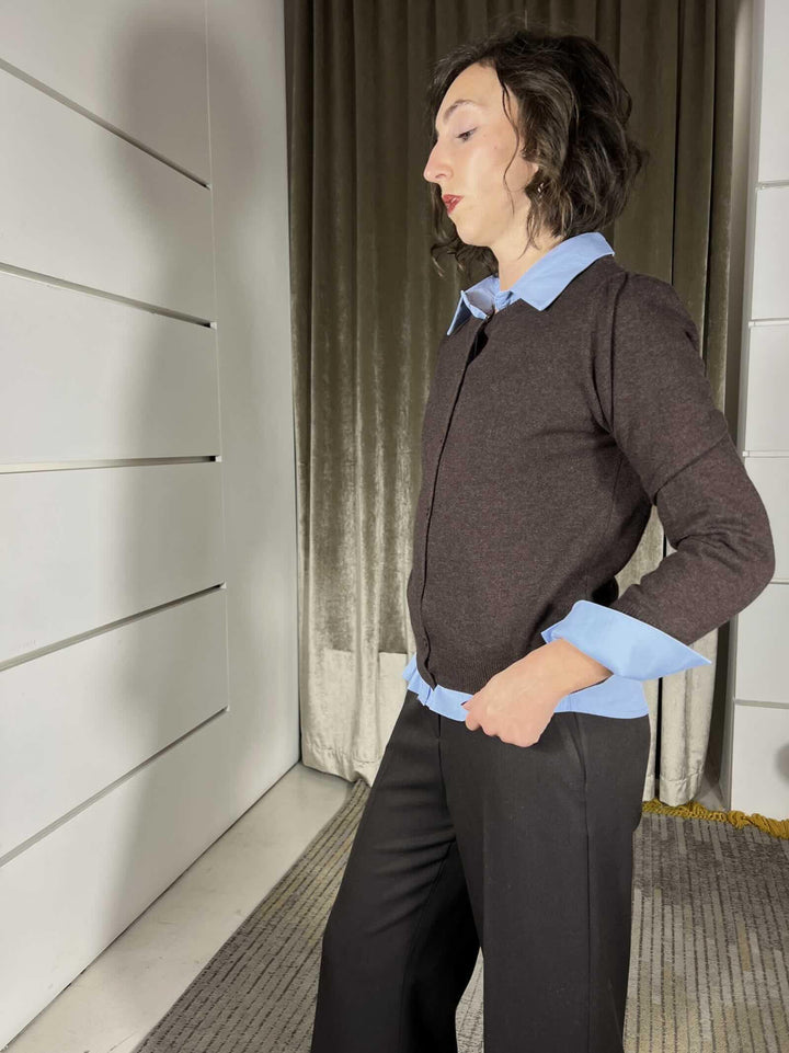 cardigan girocollo con bottoncini moro in misto lana e cashmere D82083MORO TENSIONE IN