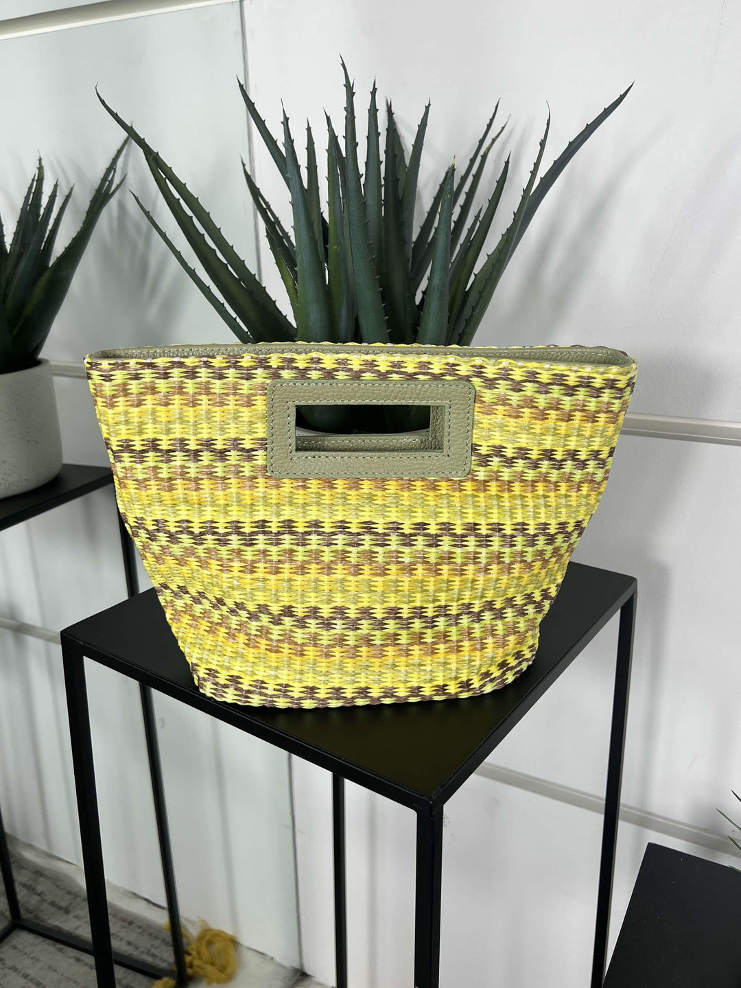 borsa in rafia a mano con inserti in pelle pistacchio RF-BO0188PISTACCHIO FEMME CAFE SELECTION