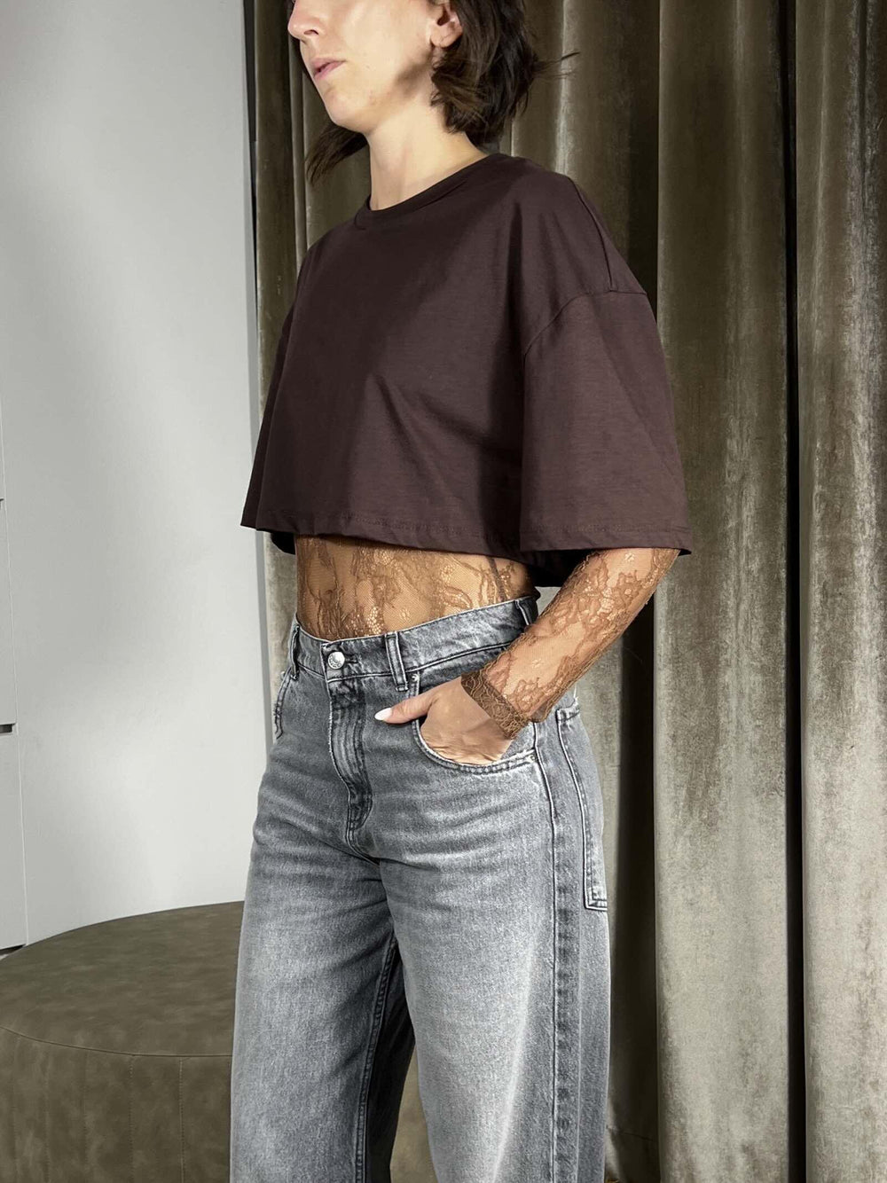 T-SHIRT MORO CROP CON BODY IN PIZZO TMA-P019MORO HAVE ONE