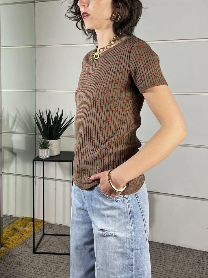 t-shirt a coste con fiori cammello TJS-Q079CAMMELLO HAVE ONE