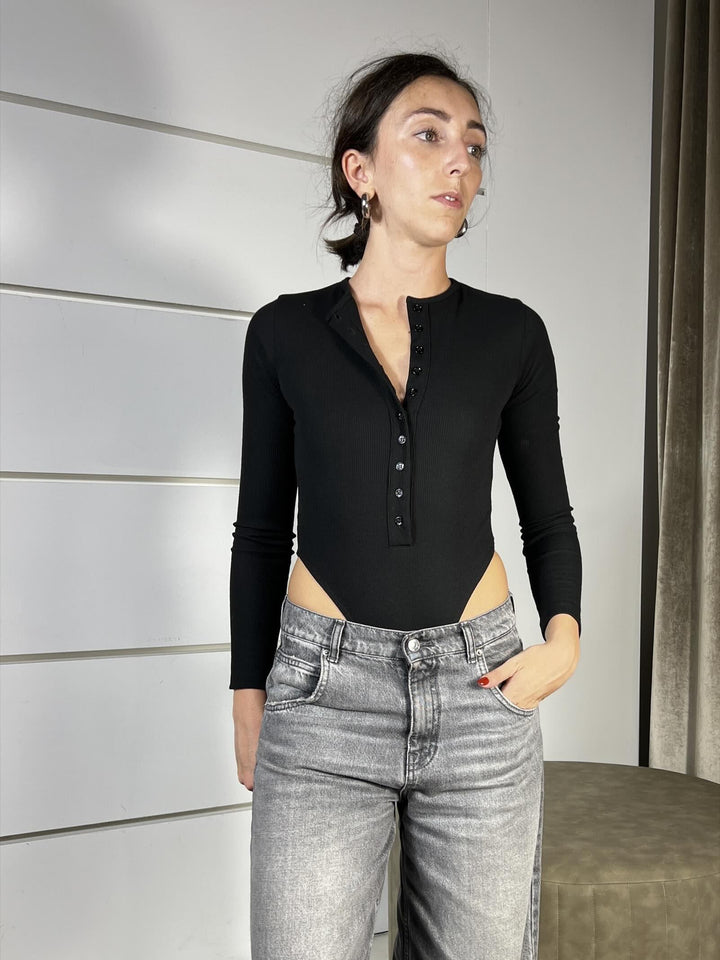 t-shirt a costine a body manica lunga con bottoncini, sgambato nera UF0093NERO VICOLO