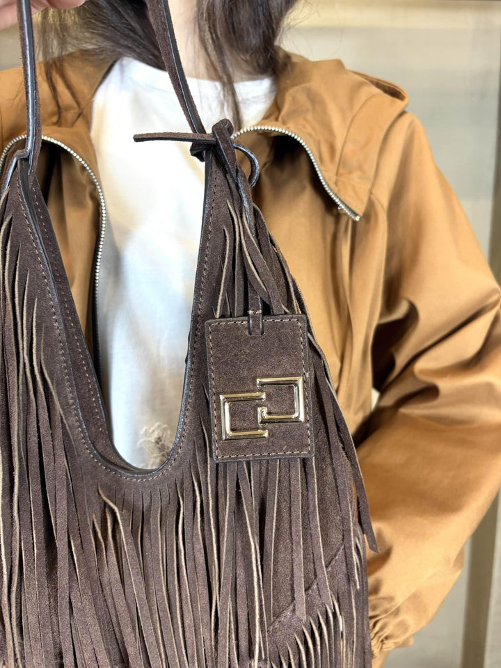 borsa hobo con frange in camoscio caffè XETI8009 CARLA G. ACCESSORI