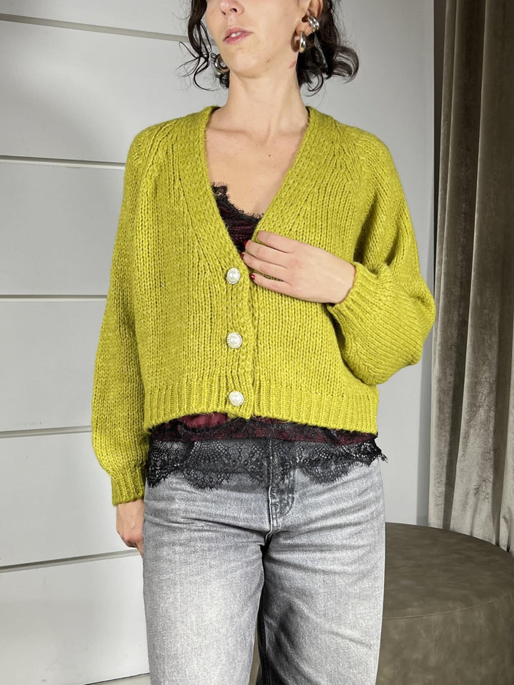 cardigan olio scollo a v con bottone gioiello JIT-P021OLIO HAVE ONE
