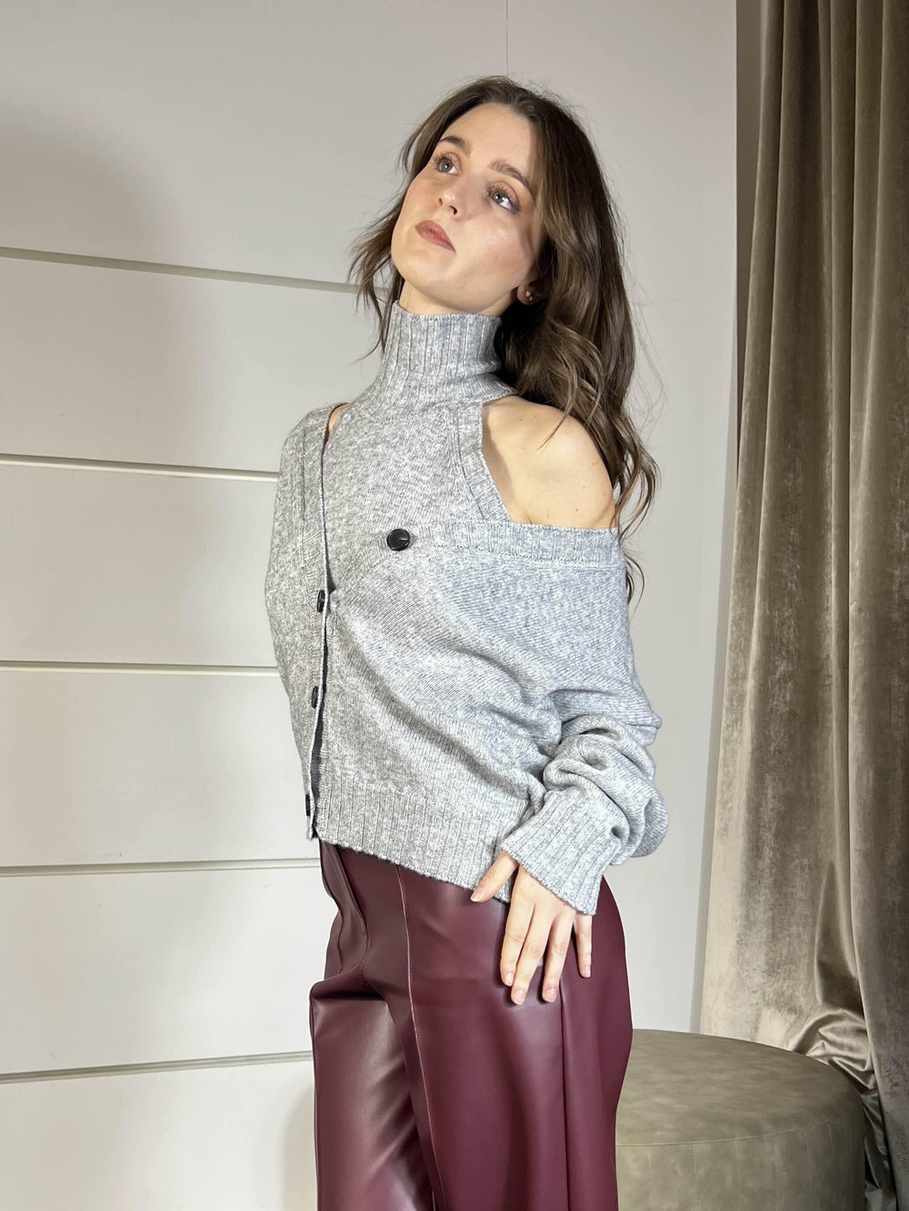 cardigan grigio scollo a v con bottoni in misto lana 77104FGRIGIO VICOLO