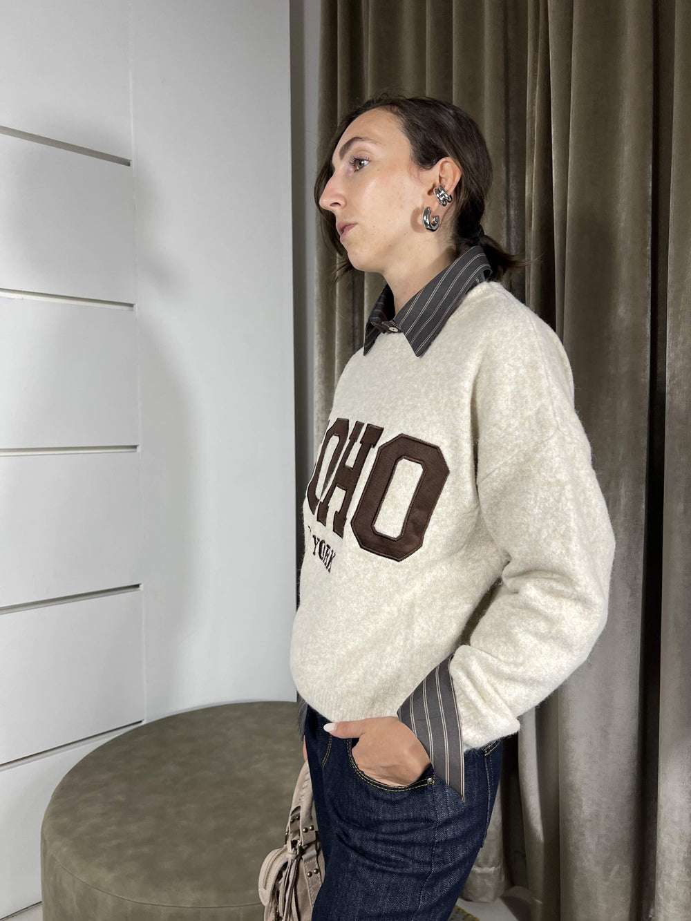 MAGLIONE PANNA CON SCRITTA SOHO MBD-P136PANNA HAVE ONE