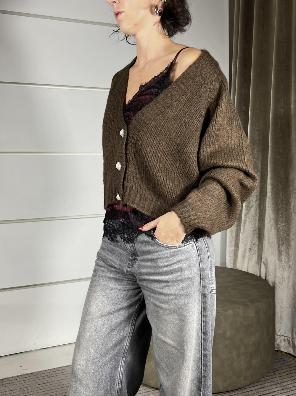 cardigan moro scollo a v con bottone gioiello JIT-P021MORO HAVE ONE