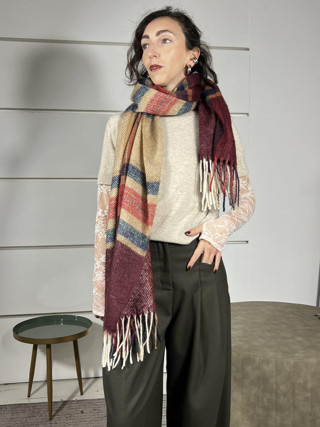 sciarpa quadri bordeaux e cammello con frange AF0087BORDEAUX/CAMMELLO VICOLO