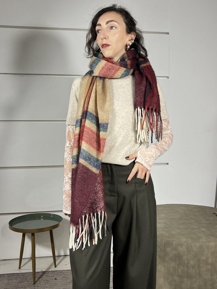 sciarpa quadri bordeaux e cammello con frange AF0087BORDEAUX/CAMMELLO VICOLO