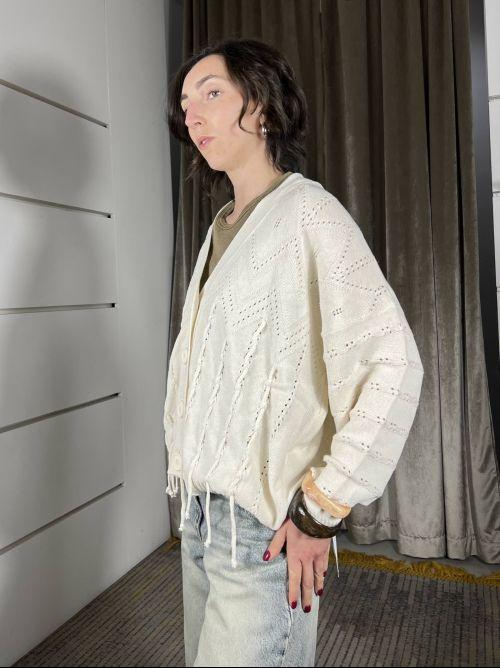 cardigan con frange scollo a v in cotone burro MEV-Q016BURRO HAVE ONE