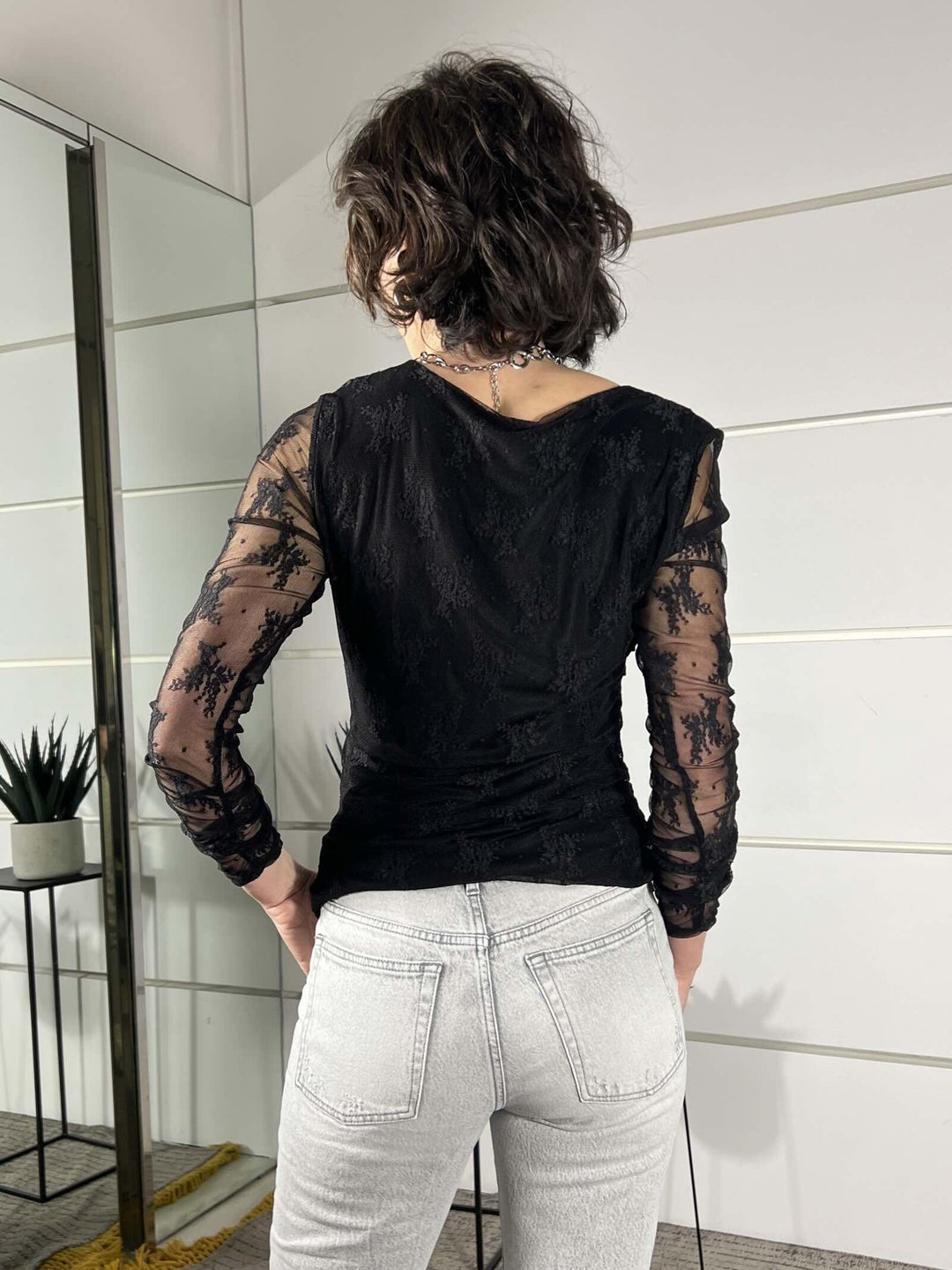 maglia pizzo con arricciatura fine manica nera 26MP13736LSNERO FEMME SELECTION