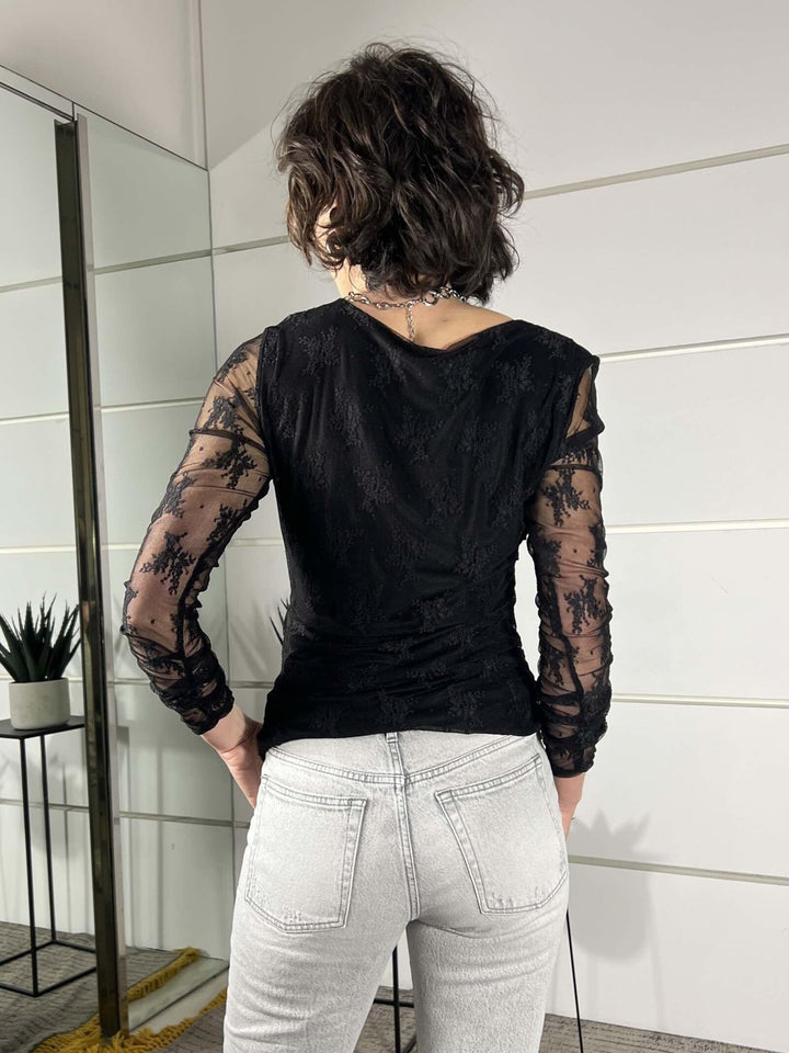 maglia pizzo con arricciatura fine manica nera 26MP13736LSNERO FEMME SELECTION