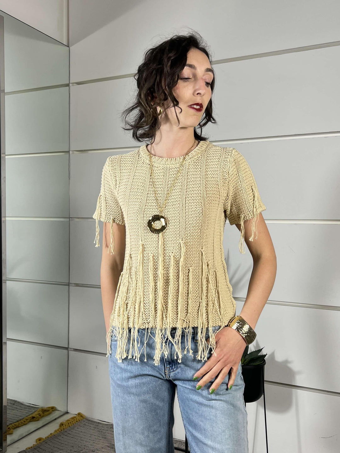 maglia manica corta con frange burro 3AB3025BURRO 04 VICOLO