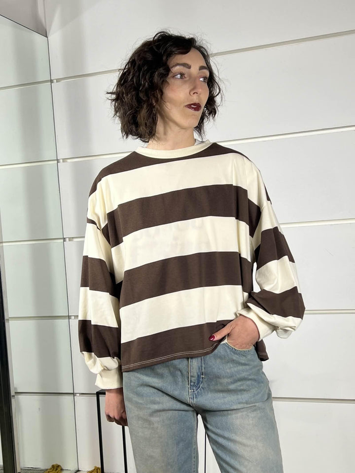 maglia a righe panna cioccolato con manica a baloon D02N0366PANNA/CIOCCOLATO PHILIA LOFT