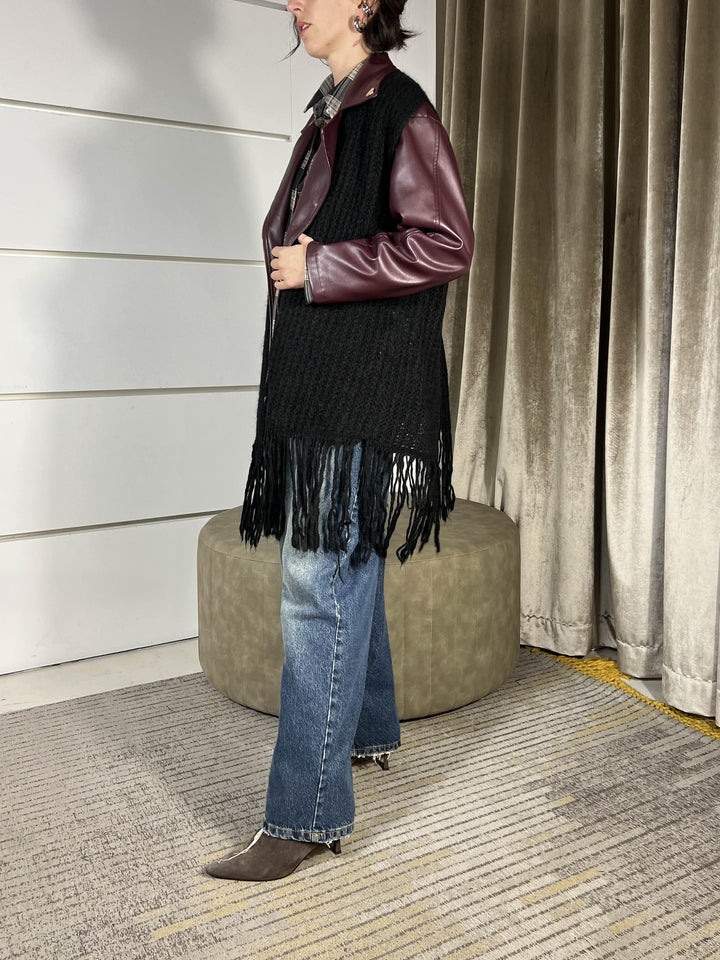 gilet lungo nero in misto lana con frange F01O0656NERO PHILIA LOFT