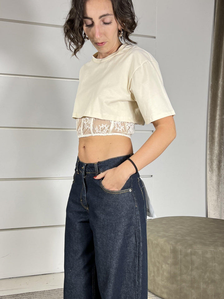 T-SHIRT BURRO CROP CON TOP IN PIZZO RMA-P026BURRO HAVE ONE