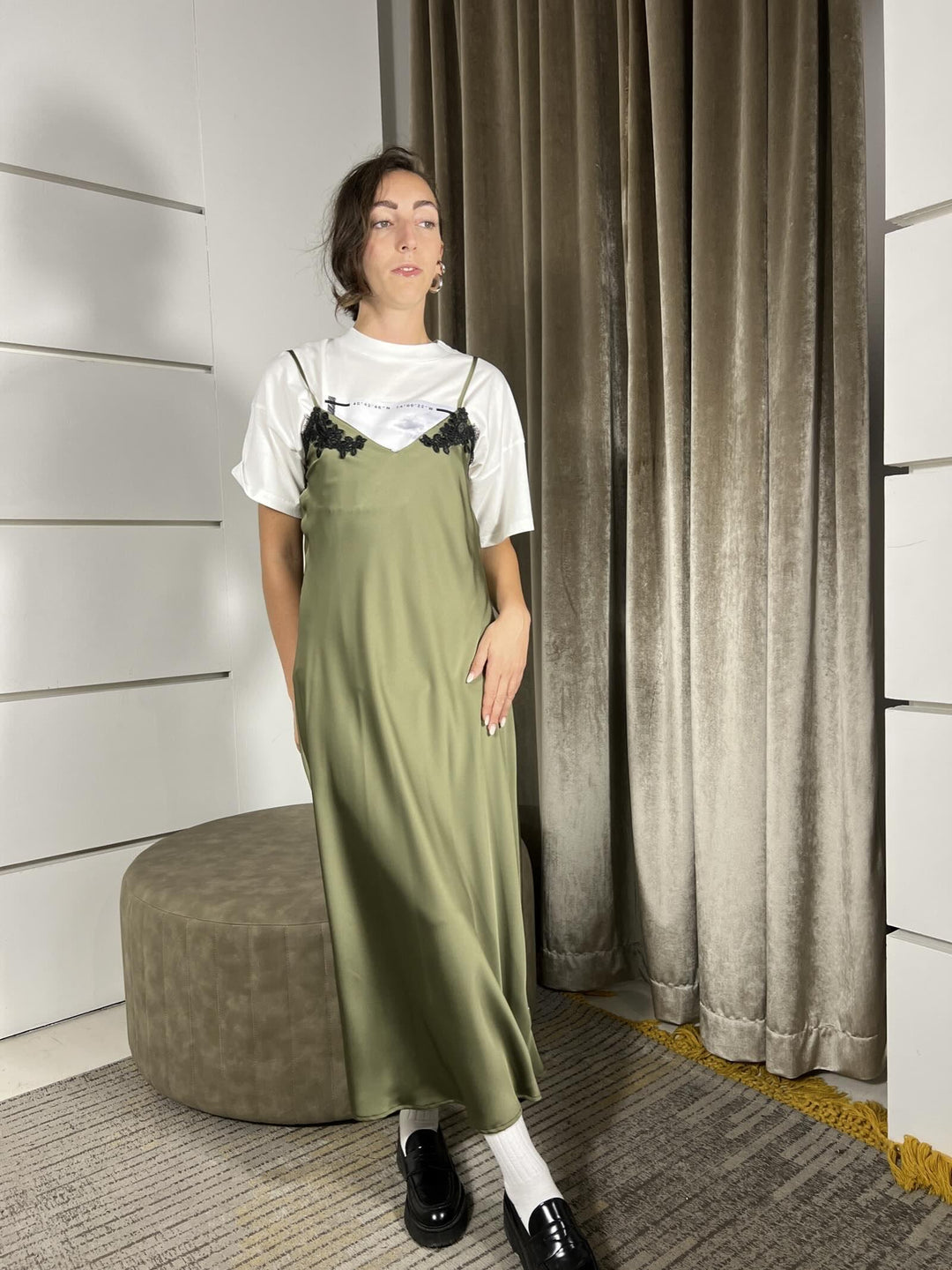 ABITO SATIN VERDE MILIATRE  CON PIZZO NERO 44422VERDE MILITARE SUSY MIX