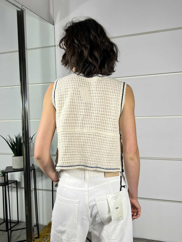 gilet con fiori ricamati e bottoncini colore panna e blu ZS68034PANNA/BLU SPICY CAFE