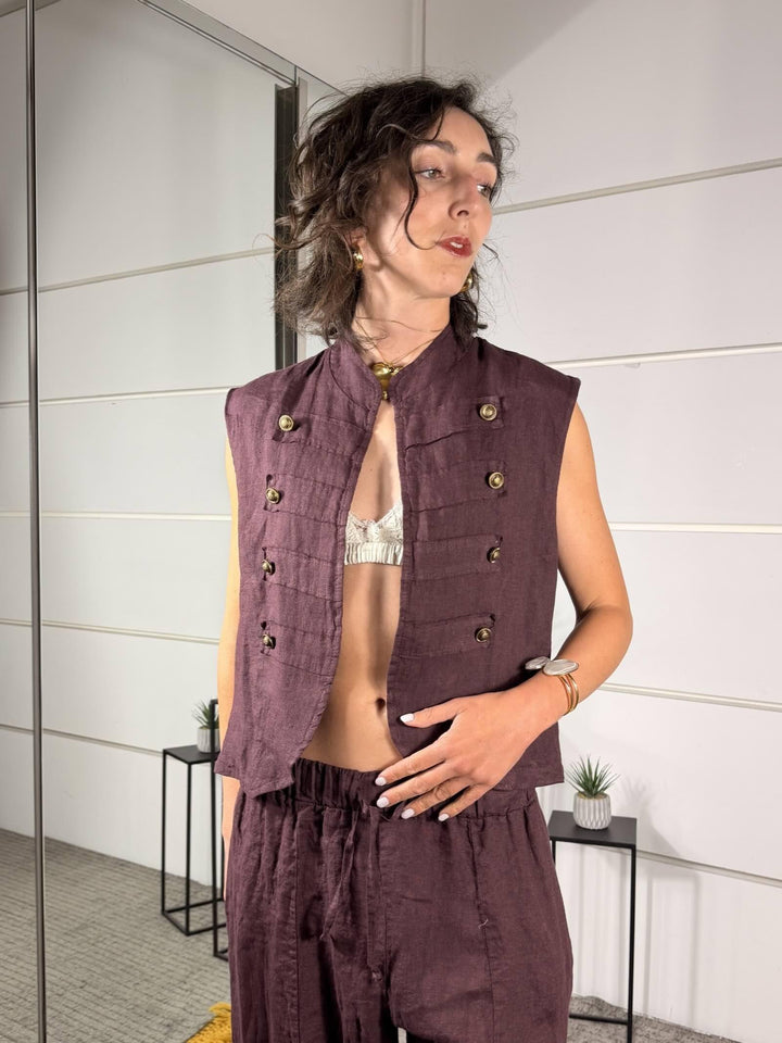 gilet military 100% lino prugna 6127PRUGNA SPICY CAFE