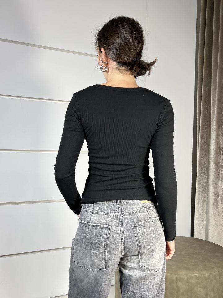 t.shirt scollo a v manica lunga a costine nera UF0038NERO VICOLO