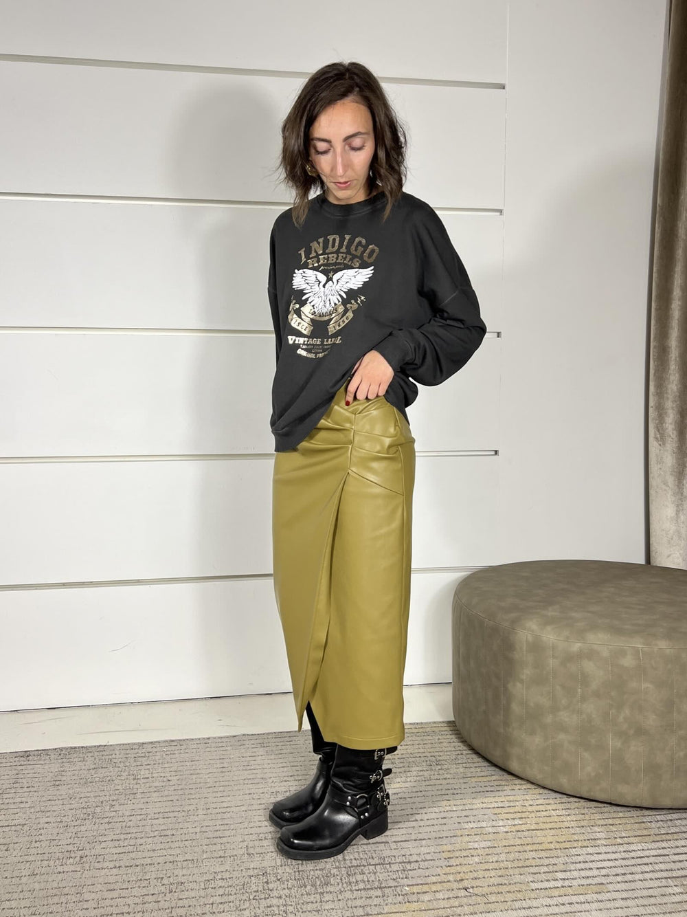 gonna in ecopelle midi con arricciatursa  verde oliva SK894Q01VERDE OLIVA SUSY MIX