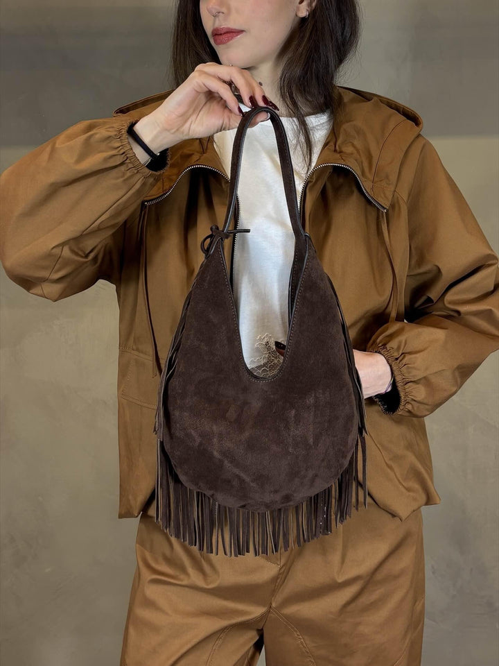 borsa hobo con frange in camoscio caffè XETI8009 CARLA G. ACCESSORI