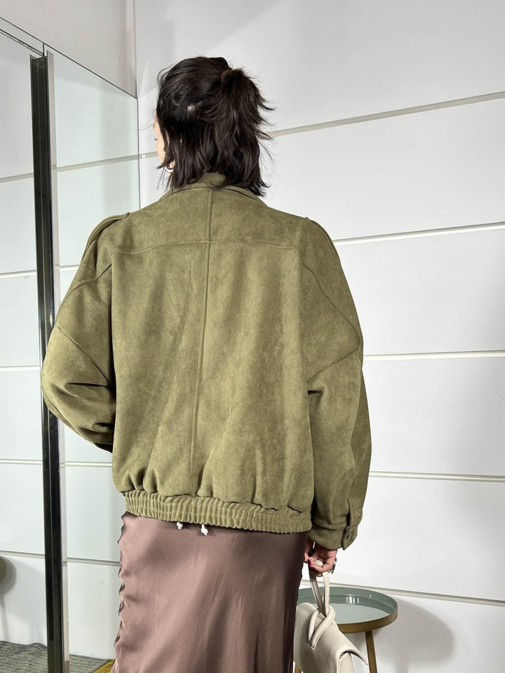 giubbotto a bomber collo alto scamosciato verde militare PE260096MILITARE TENSIONE IN