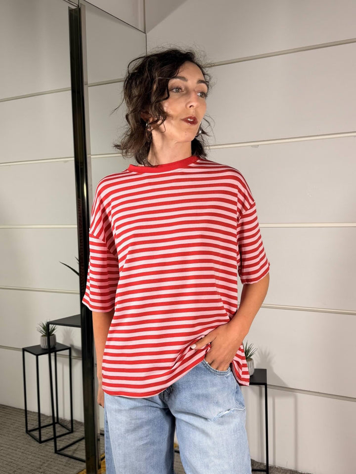 t-shirt a righe girocollo manica corta rosa rossa 10060ROSSO/ROSA SPICY CAFE
