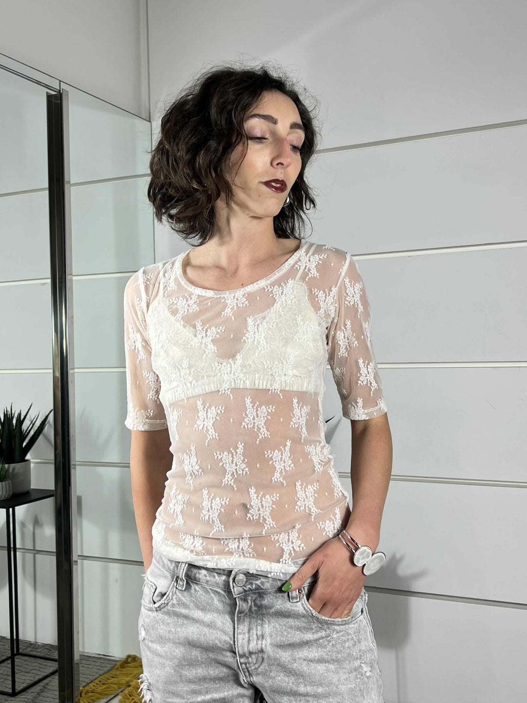 t-shirt in pizzo manica corta avorio TAB0LMX1130 IMPERIAL