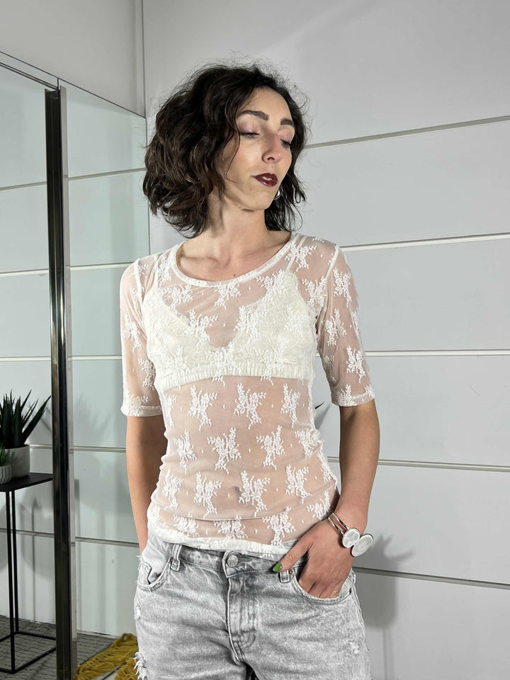 t-shirt in pizzo manica corta avorio TAB0LMX1130 IMPERIAL