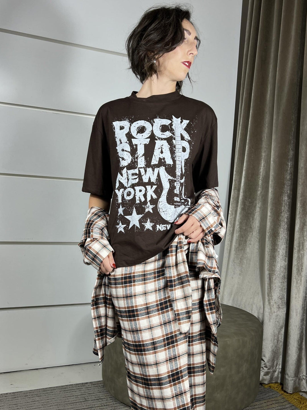 camicia check moro e burro con t-shirt FW250081AMORO/BURRO TENSIONE IN