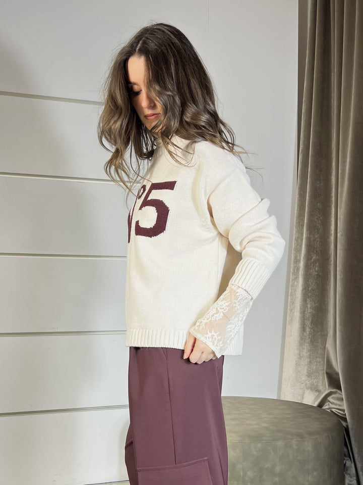 MAGLIONE BURRO GIROCOLLO CON SCRITTA BURGUNDY N 5 W5HMJ56A400BURGUNDY TENSIONE IN