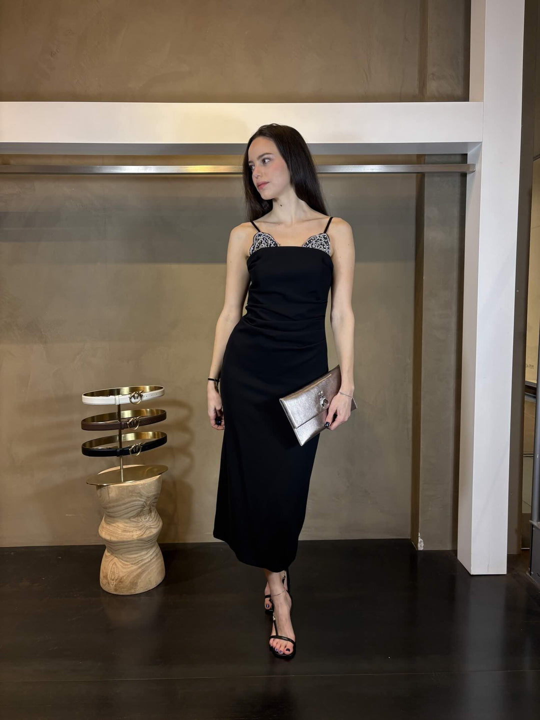 abito midi nero con ricamo gioiello argento CARRUBAZ99 PINKO