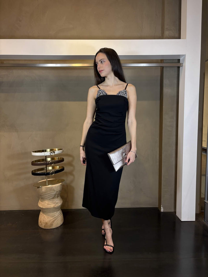 abito midi nero con ricamo gioiello argento CARRUBAZ99 PINKO