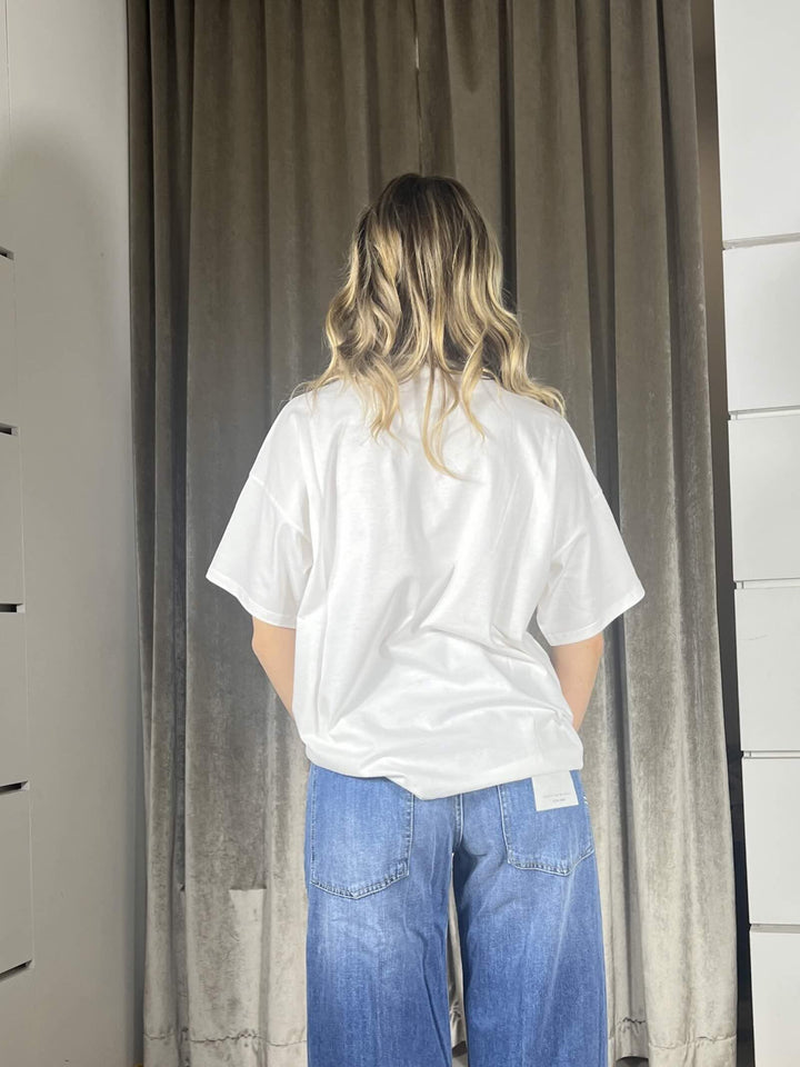 t-shirt bianca  giocollo manica corta con stampa cane e scritta vicolo RAB0183BIANCO VICOLO