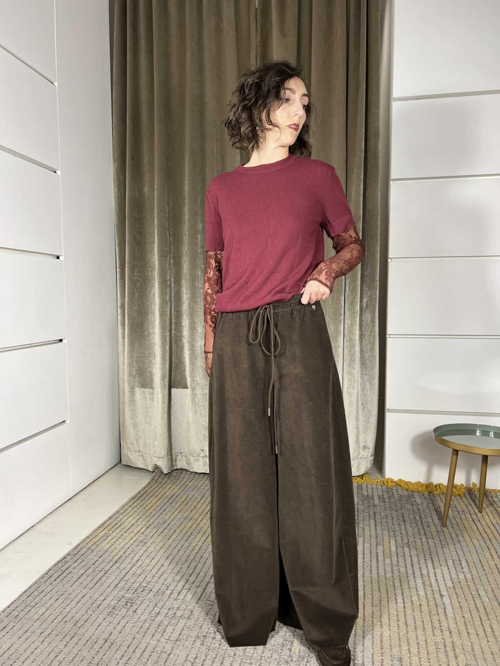 pantalone a palazzo in velluto con elastico e coulisse in vita moro R01L0853MORO PHILIA LOFT